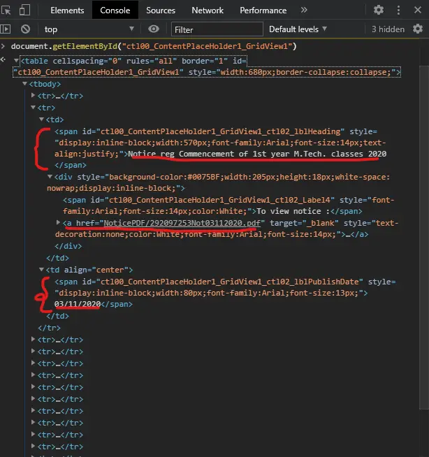 Source code of table containing the notice data